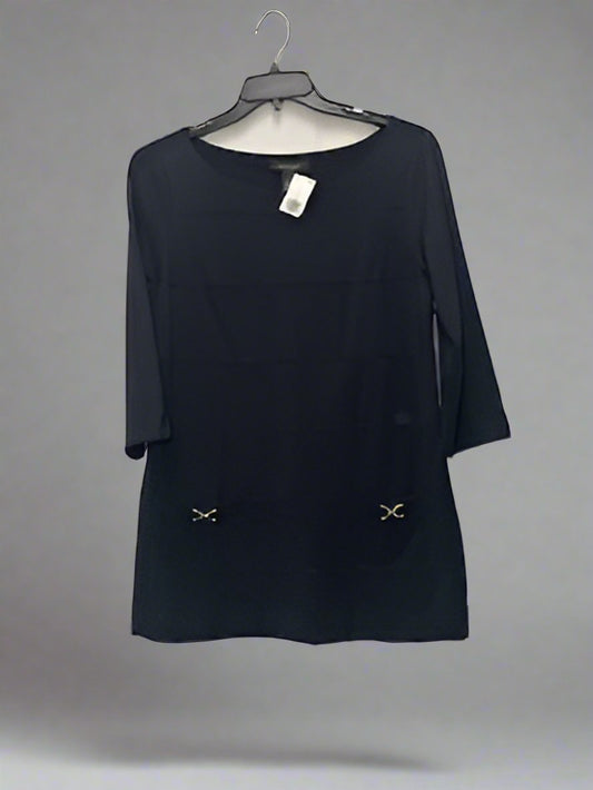 WHBM - Black - 3/4Sleeve - BodyCon Top with Faux Pockets + Silver Buckles - Size L