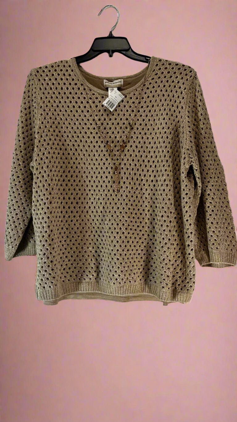 Alfred Dunner - Tan with Gold Necklace - 3/4 Sleeve - "Net" Texture Sweater - Size 1X