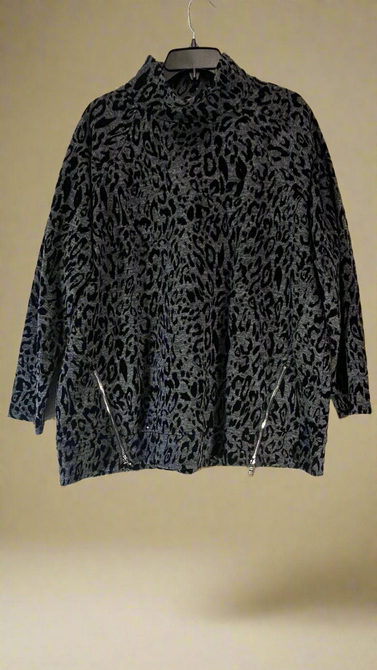 Rafaella - Black & Grey - Long Sleeve - Turtle Neck - Leopard Print - Size L