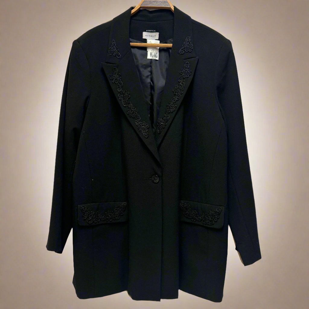 Black Avenue Blazer w/ Embroidered Collar & Pockets, 18