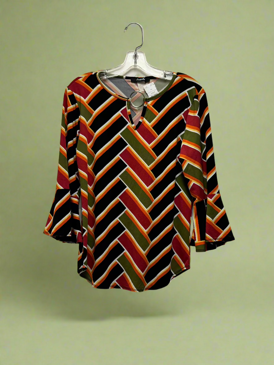 Arabella - Green, Orange, Black, White & Yellow - 3/4 Flared Sleeves - Silver O Keyhole - Pattern - Size L (fits like a M)