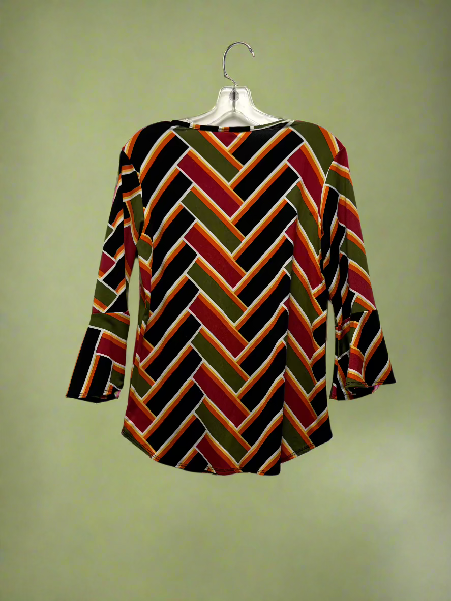 Arabella - Green, Orange, Black, White & Yellow - 3/4 Flared Sleeves - Silver O Keyhole - Pattern - Size L (fits like a M)