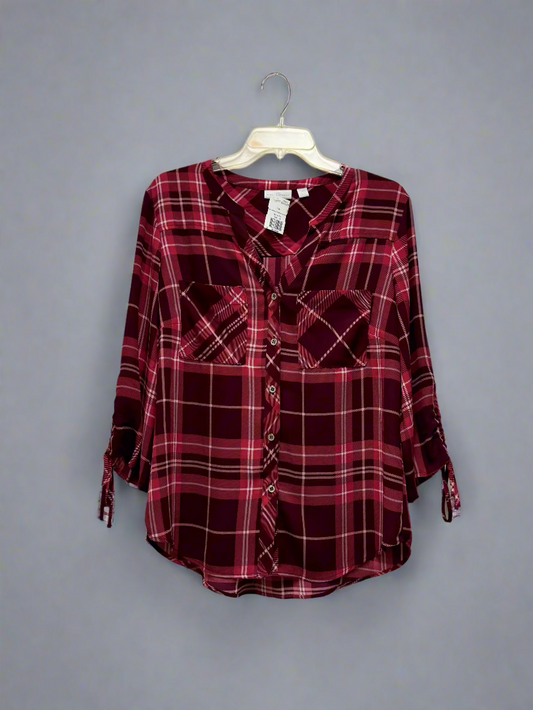 NY & Co. - Pink - 3/4 Sleeve Button Up Plaid - Size M