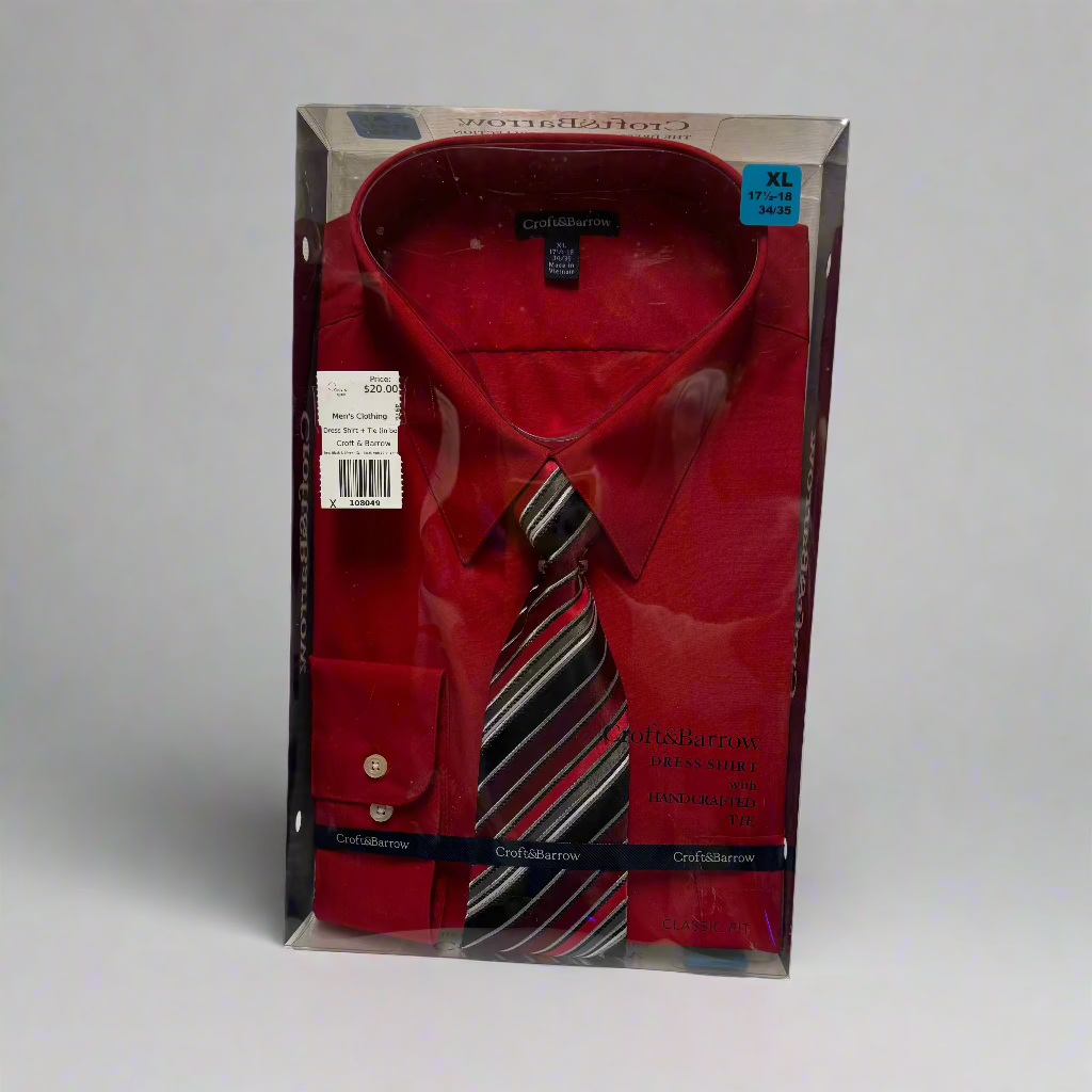 Croft & Barrow - Red, Black & Silver - Dress Shirt + Tie (in box) - Size XL - 34/35 with 17.5"-18" Neck