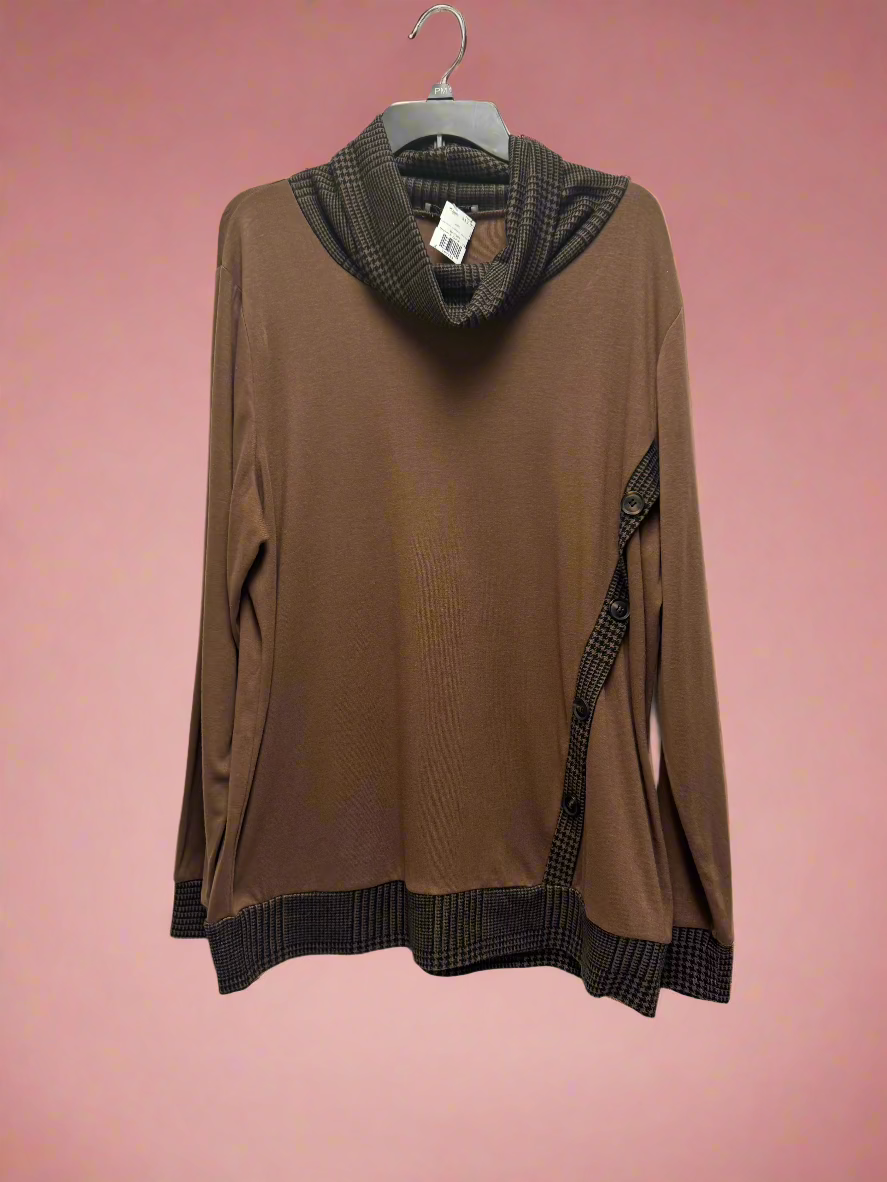 Youtalia - Brown & Black - Long Sleeve - Cowl Neck - Hem Patterns - Size XXL