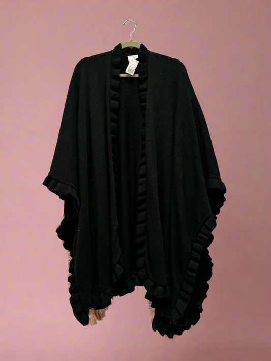 style studio - Black - Frilly Hem - Open Poncho Sweater - Size One Size