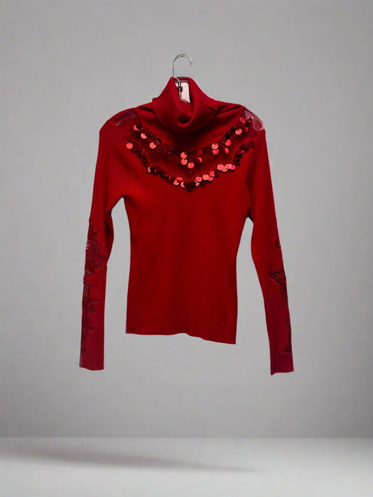 Venus - Red - LS Turtleneck w/ Sequins - Size M