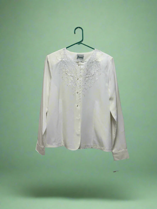 Joanna - White - Long Sleeve Blouse w/ Pearl Buttons - Size M