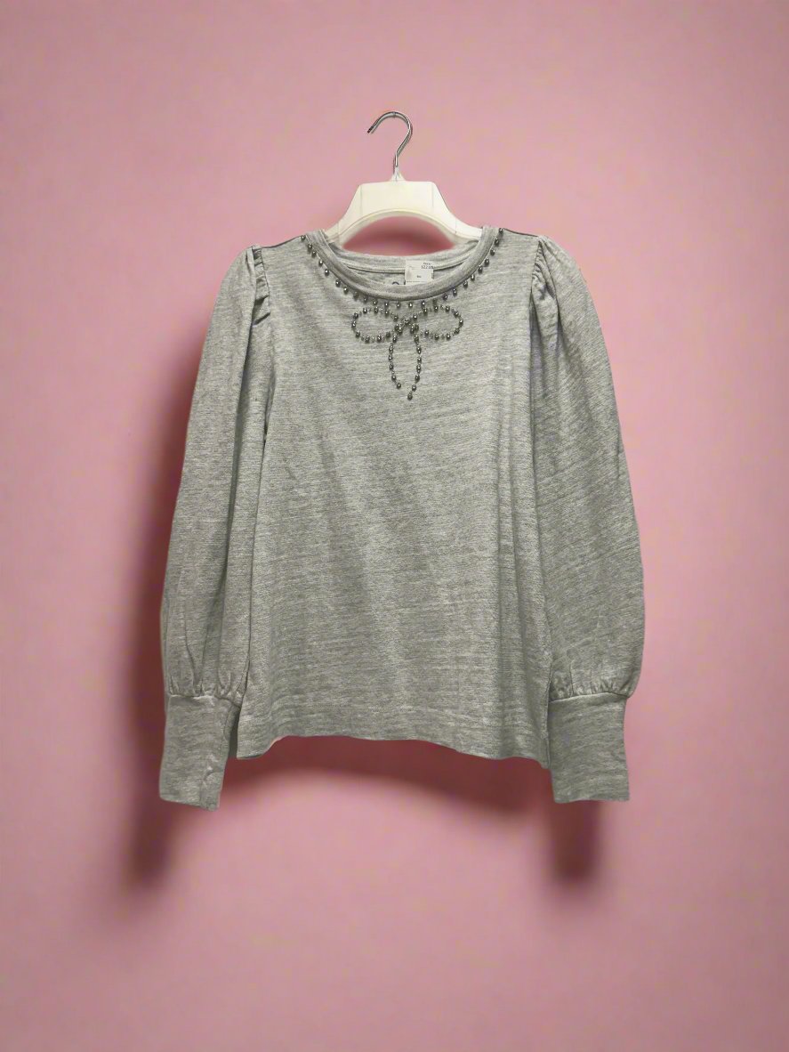 Loft - Grey - Long Sleeve - Puff Shoulders - Bedazzled Bow Chestline - Size M