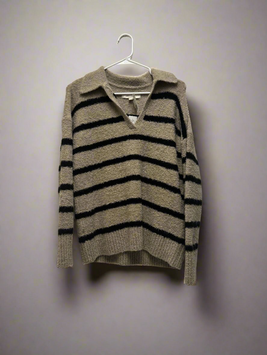 Loft - Tan & Black - Long Sleeve - Collared Sweater - Chunky HStripes - Size M