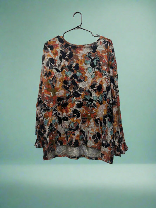 Zac & Rachel - Grey, Orange & Blues - Ruffle Hem Long Sleeve - Flowers - Size 2X