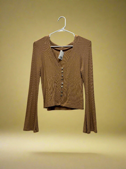 Elan - Tan - Long Sleeve - Cropped, Ribbed Button Up - Size M