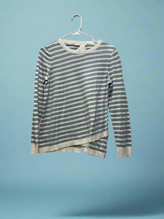 Loft - White & Light Blue - Long Sleeve Tee - H Stripes - Size Petite Medium