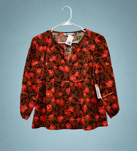 Sonoma - Burnt Orange, Pink & Green - 3/4 Sleeves - Corduroy Flowers - Structured Top - Size PM