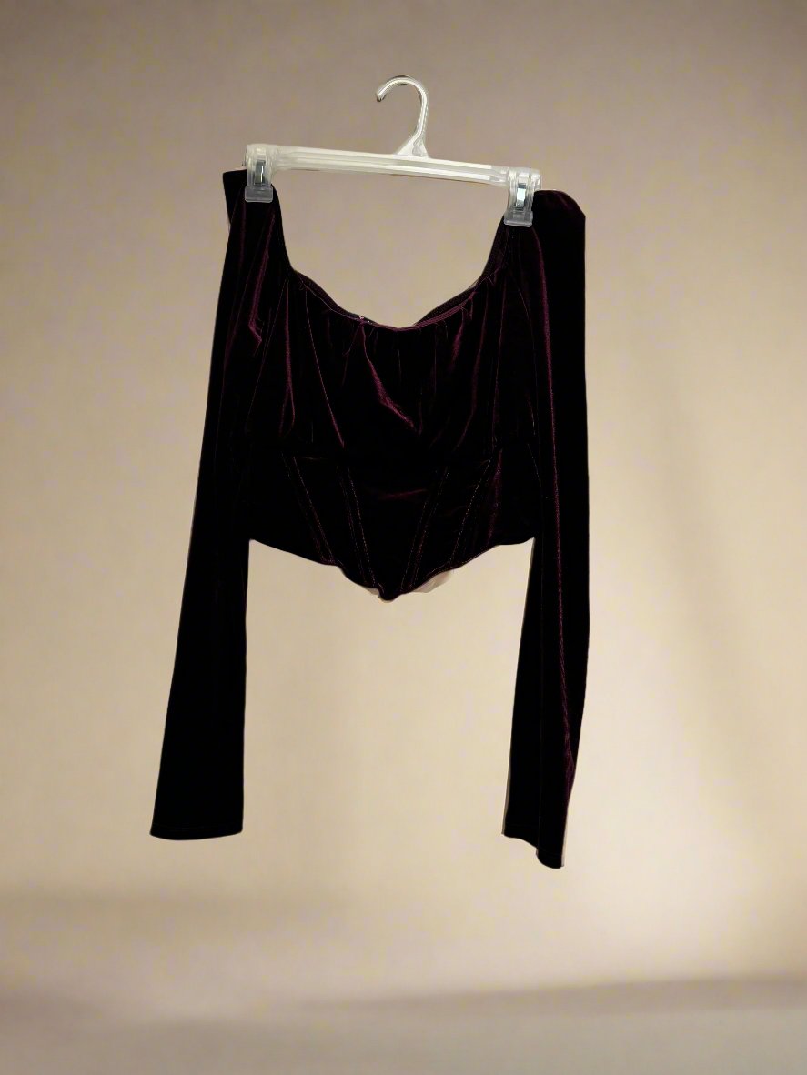 mixed threads - Burgundy - Velvet - Off the Shoulder - Cropped - V Hem - Size L