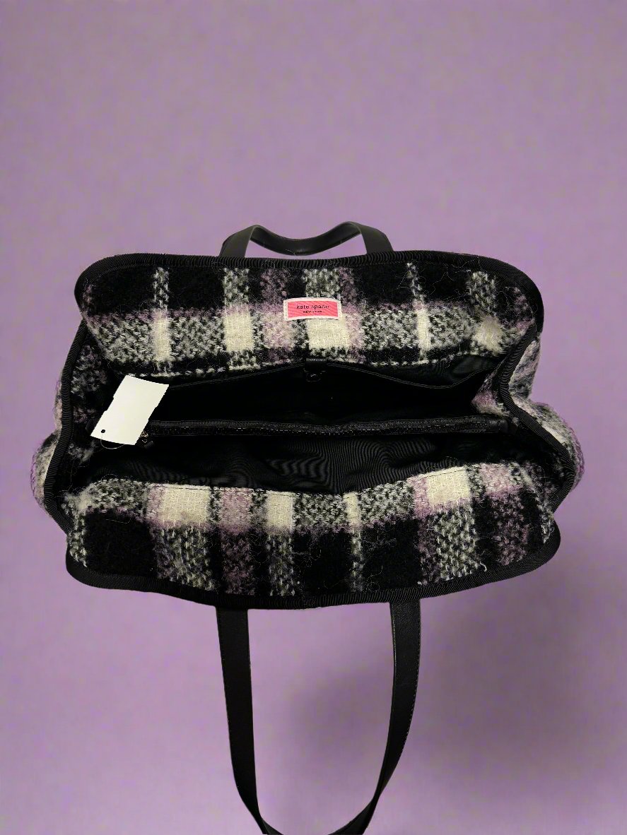 Kate Spade - Black, White & Purple - Morley Plaid - Wool Boucle Fabric Tote - Size Large