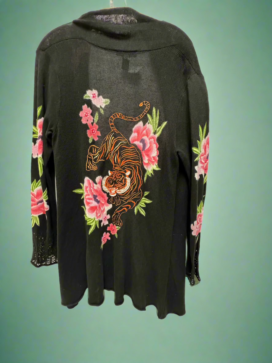 I.N.C - Black & Pink - Long Sleeve Open Cardigan - Flowers + Tiger - Size M