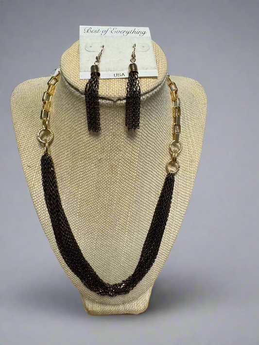 Earrings + Necklace - LOTS of thin strands - Gold Black & Bronze