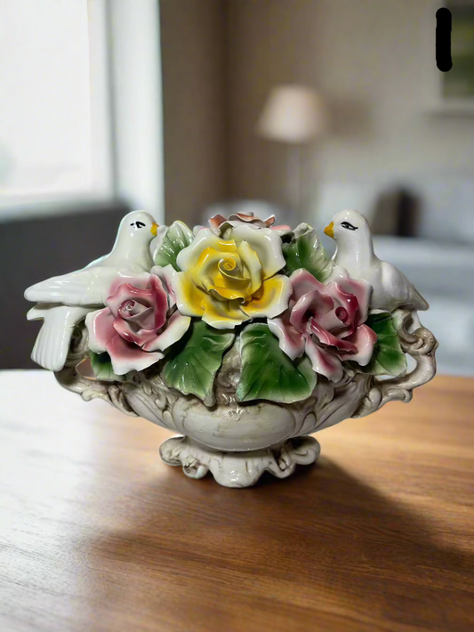 Capodimonte - White + Multi - Vintage Ceramic Flower Arrangement in Pot